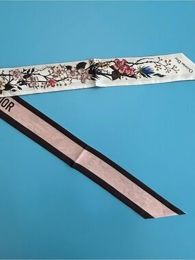 Christian Dior D-Floral Mitzah Silk Scarf White Pink Floral Logo Ribbon